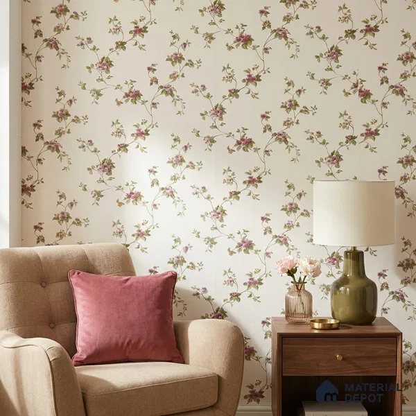 170-36 | Plum Mauve Rose Trail Floral Wallpaper - 9.6 Meter x 20.87 Inches, 54.77 Sq. Ft. (Min. 15% Wastage)