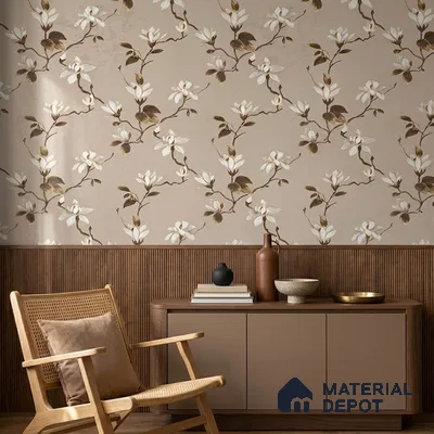 170-27 | Taupe White Magnolia Floral Wallpaper - 9.6 Meter x 20.87 Inches, 54.77 Sq. Ft. (Min. 15% Wastage)