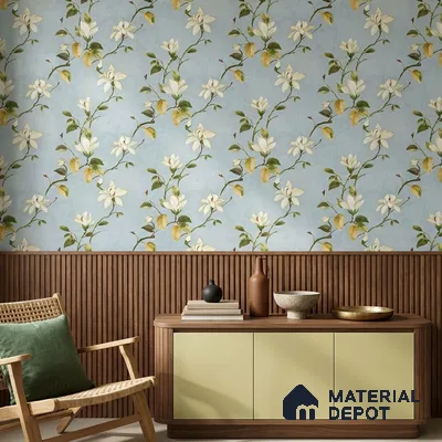 170-25 | Powder Blue White Magnolia Floral Wallpaper - 9.6 Meter x 20.87 Inches, 54.77 Sq. Ft. (Min. 15% Wastage)