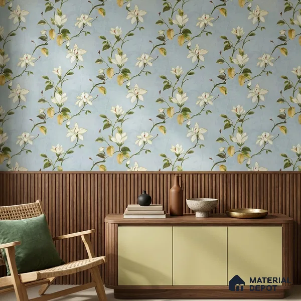 170-25 | Powder Blue White Magnolia Floral Wallpaper - 9.6 Meter x 20.87 Inches, 54.77 Sq. Ft. (Min. 15% Wastage)