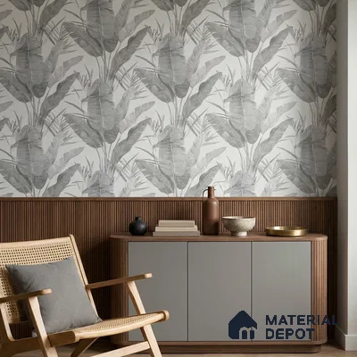 170-6 | Silver Large Banana Leaf Floral Wallpaper - 9.6 Meter x 20.87 Inches, 54.77 Sq. Ft. (Min. 15% Wastage)
