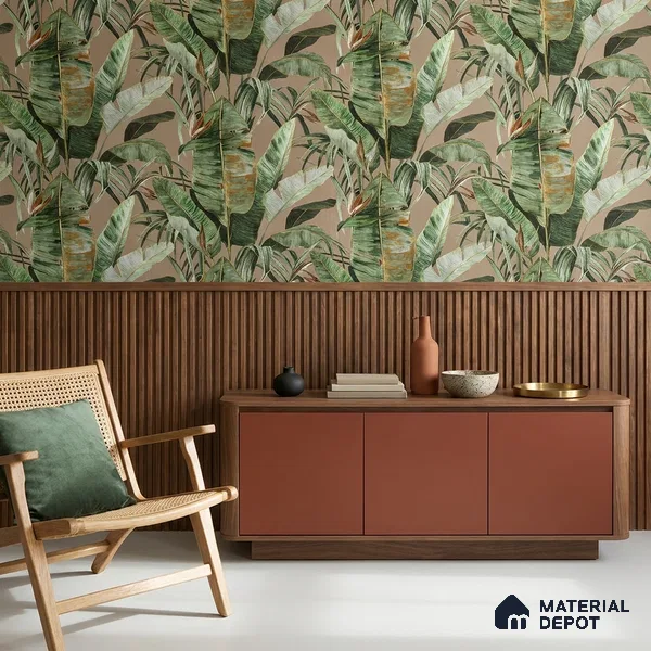 170-7 | Rust Green Banana Leaf Floral Wallpaper - 9.6 Meter x 20.87 Inches, 54.77 Sq. Ft. (Min. 15% Wastage)