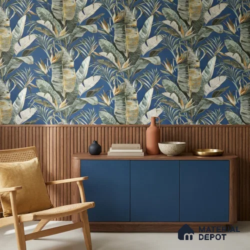 170-8 | Blue Banana Leaf Floral Wallpaper - 9.6 Meter x 20.87 Inches, 54.77 Sq. Ft. (Min. 15% Wastage)