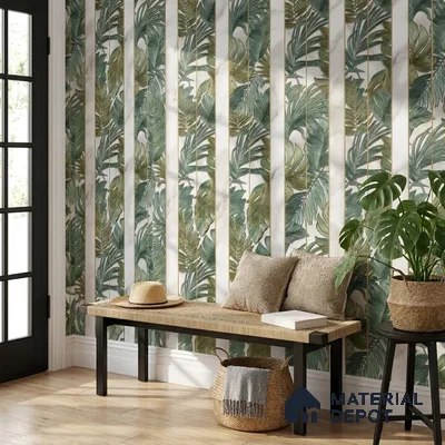 170-9 | Deep Green Palm Panel Floral Wallpaper - 9.6 Meter x 20.87 Inches, 54.77 Sq. Ft. (Min. 15% Wastage)