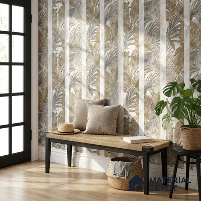 170-10 | Beige Palm Panel Floral Wallpaper - 9.6 Meter x 20.87 Inches, 54.77 Sq. Ft. (Min. 15% Wastage)