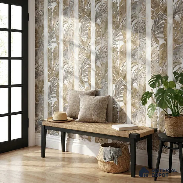 170-10 | Beige Palm Panel Floral Wallpaper - 9.6 Meter x 20.87 Inches, 54.77 Sq. Ft. (Min. 15% Wastage)