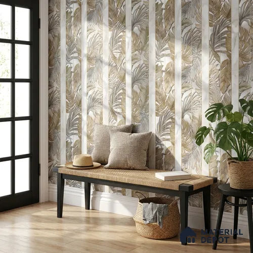 170-10 | Beige Palm Panel Floral Wallpaper - 9.6 Meter x 20.87 Inches, 54.77 Sq. Ft. (Min. 15% Wastage)