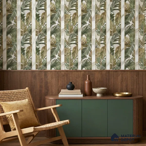 170-11 | Olive Palm Marble Panel Floral Wallpaper - 9.6 Meter x 20.87 Inches, 54.77 Sq. Ft. (Min. 15% Wastage)