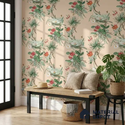 170-32 | Peach Palm Garden Floral Wallpaper - 9.6 Meter x 20.87 Inches, 54.77 Sq. Ft. (Min. 15% Wastage)