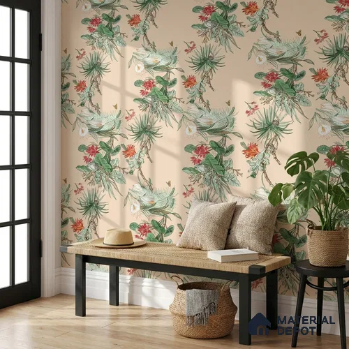 170-32 | Peach Palm Garden Floral Wallpaper - 9.6 Meter x 20.87 Inches, 54.77 Sq. Ft. (Min. 15% Wastage)