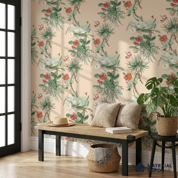 170-32 | Peach Palm Garden Floral Wallpaper - 9.6 Meter x 20.87 Inches, 54.77 Sq. Ft. (Min. 15% Wastage)