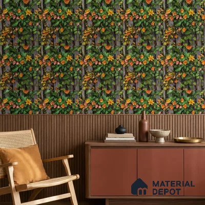170-52 | Orange Blossom Grey Fence Floral Wallpaper - 9.6 Meter x 20.87 Inches, 54.77 Sq. Ft. (Min. 15% Wastage)