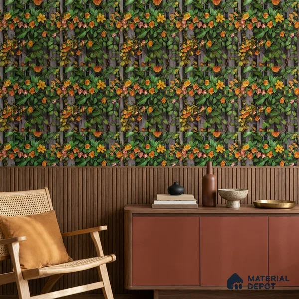 170-52 | Orange Blossom Grey Fence Floral Wallpaper - 9.6 Meter x 20.87 Inches, 54.77 Sq. Ft. (Min. 15% Wastage)