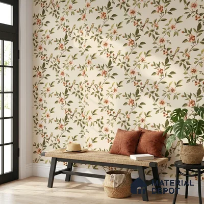 88655-3 | Cream Blossom Bird Floral Wallpaper - 5 Meter x 42 Inches, 57 Sq. Ft. (Min. 15% Wastage)