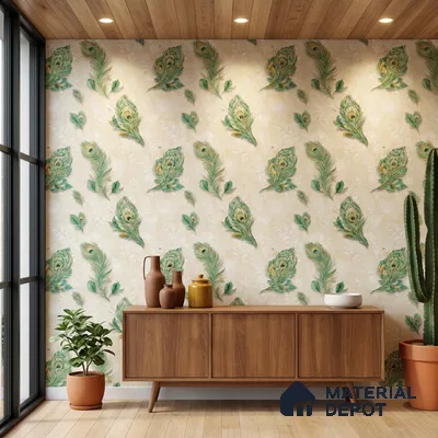 17-555-17 | Cream Peacock Feather Patterned Wallpaper - 10 Meter x 21 Inches, 57.41 Sq. Ft.