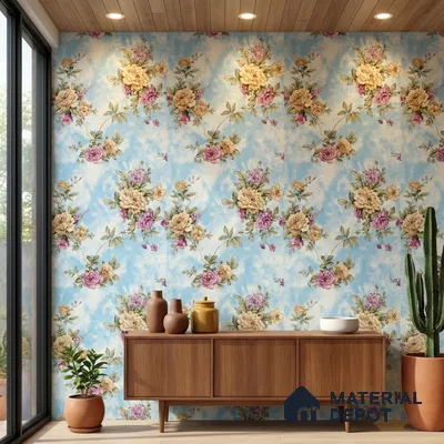 20-555-20 | Blue Cabbage Rose Floral Wallpaper - 10 Meter x 21 Inches, 57.41 Sq. Ft.