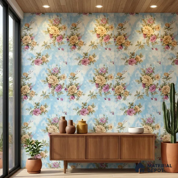 20-555-20 | Blue Cabbage Rose Floral Wallpaper - 10 Meter x 21 Inches, 57.41 Sq. Ft.