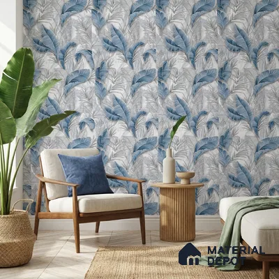 25-555-25 | Denim Blue Banana Leaf Floral Wallpaper - 10 Meter x 21 Inches, 57.41 Sq. Ft.