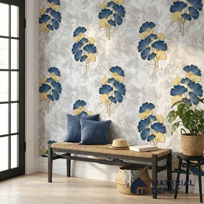 8024 | Navy and Gold Ginkgo Floral Wallpaper - 10 Meter x 21 Inches, 57.41 Sq. Ft.