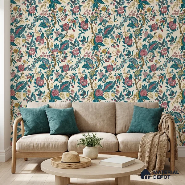 8047 | Cream Green Blossom Twig Floral Wallpaper - 10 Meter x 21 Inches, 57.41 Sq. Ft.