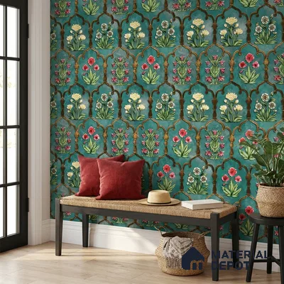 8052 | Teal Arch Flowers Floral Wallpaper - 10 Meter x 21 Inches, 57.41 Sq. Ft.
