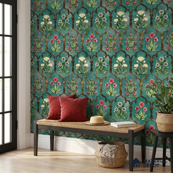 8052 | Teal Arch Flowers Floral Wallpaper - 10 Meter x 21 Inches, 57.41 Sq. Ft.
