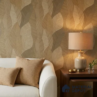 7512-4 | Golden Tan Woven Leaf Floral Wallpaper - 9.5 Meter x 21 Inch, 55 Sq. Ft.