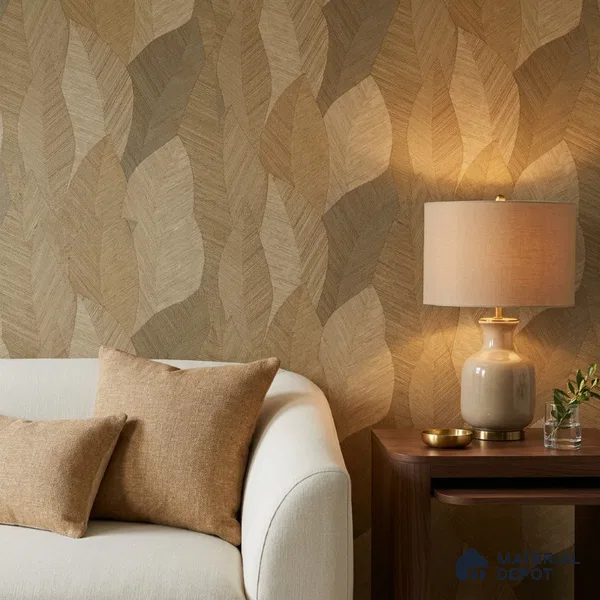 7512-4 | Golden Tan Woven Leaf Floral Wallpaper - 9.5 Meter x 21 Inch, 55 Sq. Ft.
