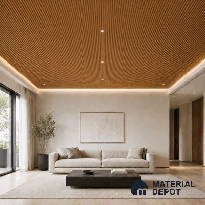 Oak Wood Ocre 10 ft x 0.45 ft (3060x140 mm) Pyramid Design Interior & Exterior Wall & Ceiling Panel - 14 mm | Suitable for Balcony, Facade & Open Area | Width is Subjected to 5% Variation