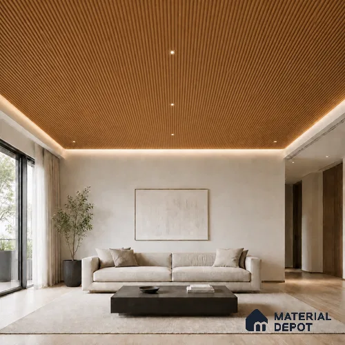 Oak Wood Ocre 10 ft x 0.45 ft (3060x140 mm) Pyramid Design Interior & Exterior Wall & Ceiling Panel - 14 mm | Suitable for Balcony, Facade & Open Area | Width is Subjected to 5% Variation