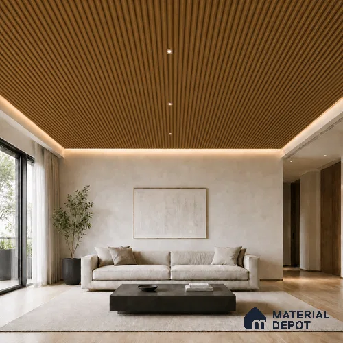 Oak Wood Ocre 10 ft x 0.6 ft (3060x180 mm) Arch Design Interior & Exterior Wall & Ceiling Panel - 17 mm | Suitable for Balcony, Facade & Open Area | Width is Subjected to 5% Variation