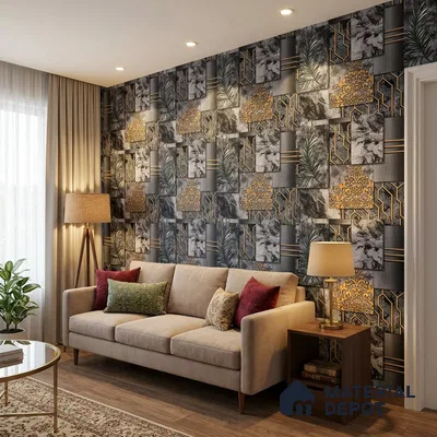AA101004 | Charcoal & Gold Marble Deco Panel PVC Patterned Wallpaper - 9.5 Meter x 21 Inch, 55 Sq. Ft. (Min. 15% Wastage)
