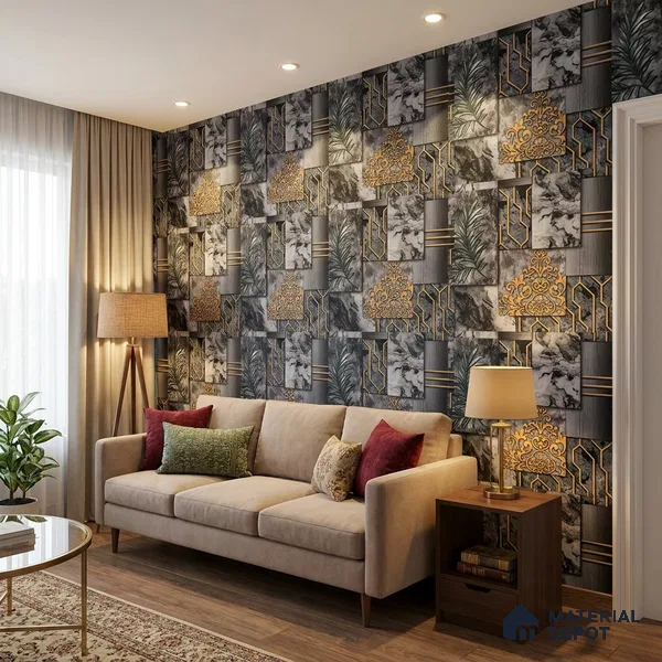 AA101004 | Charcoal & Gold Marble Deco Panel PVC Patterned Wallpaper - 9.5 Meter x 21 Inch, 55 Sq. Ft. (Min. 15% Wastage)