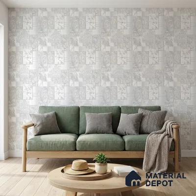 AA101008 | White & Silver Marble Deco Panel PVC Patterned Wallpaper - 9.5 Meter x 21 Inch, 55 Sq. Ft. (Min. 15% Wastage)
