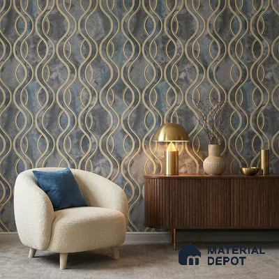 AA100903 | Charcoal & Gold Wavy Ribbon Marble PVC Patterned Wallpaper - 9.5 Meter x 21 Inch, 55 Sq. Ft. (Min. 15% Wastage)