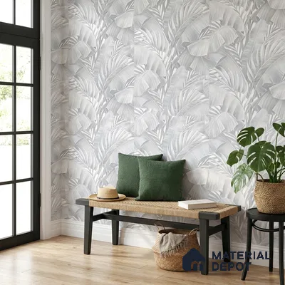 AA100208 | Grey Palm Leaf PVC Floral Wallpaper - 9.5 Meter x 21 Inch, 55 Sq. Ft. (Min. 15% Wastage)