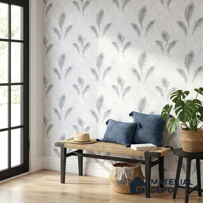 AA100701 | Silver Grey Peacock Feather PVC Floral Wallpaper - 9.5 Meter x 21 Inch, 55 Sq. Ft. (Min. 15% Wastage)