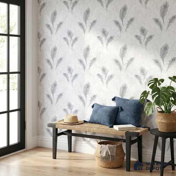 AA100701 | Silver Grey Peacock Feather PVC Floral Wallpaper - 9.5 Meter x 21 Inch, 55 Sq. Ft. (Min. 15% Wastage)