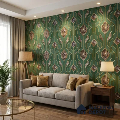 AA101106 | Emerald & Gold Marble Diamond Panel PVC Patterned Wallpaper - 9.5 Meter x 21 Inch, 55 Sq. Ft. (Min. 15% Wastage)