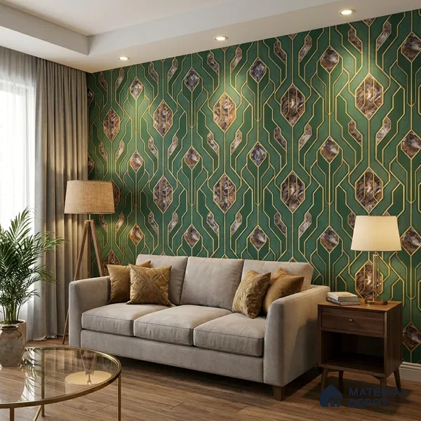 AA101106 | Emerald & Gold Marble Diamond Panel PVC Patterned Wallpaper - 9.5 Meter x 21 Inch, 55 Sq. Ft. (Min. 15% Wastage)