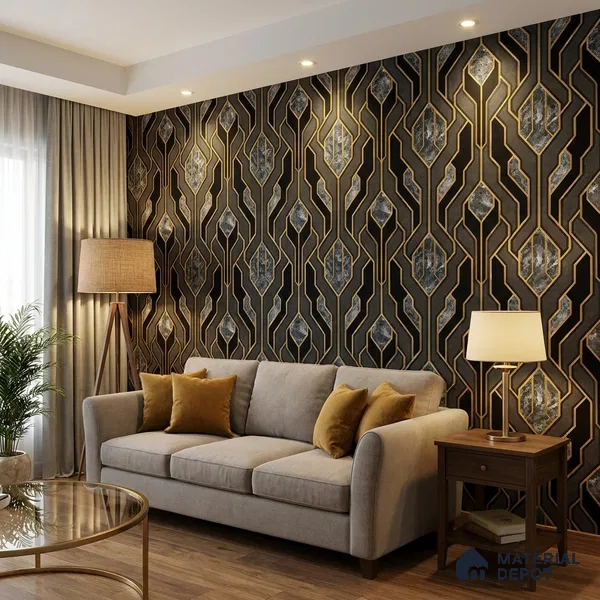 AA101104 | Black Gold Deco Panel PVC Patterned Wallpaper - 9.5 Meter x 21 Inch, 55 Sq. Ft. (Min. 15% Wastage)