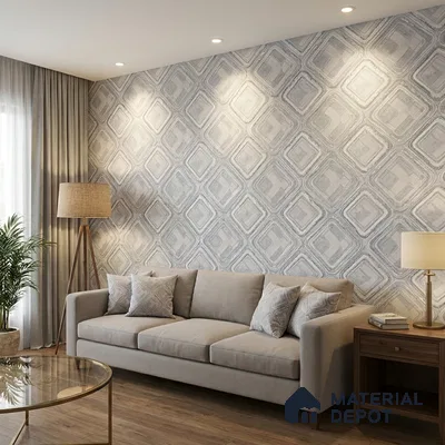 AA100603 | Silver Grey Marble Square Lattice PVC Patterned Wallpaper - 9.5 Meter x 21 Inch, 55 Sq. Ft. (Min. 15% Wastage)