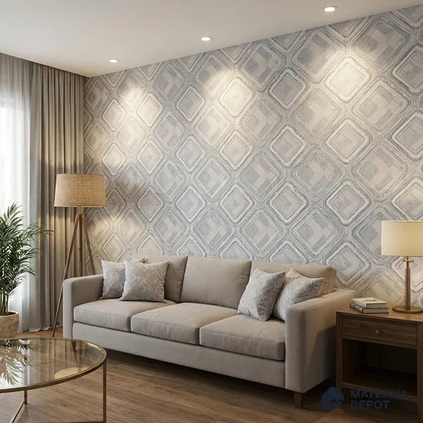AA100603 | Silver Grey Marble Square Lattice PVC Patterned Wallpaper - 9.5 Meter x 21 Inch, 55 Sq. Ft. (Min. 15% Wastage)