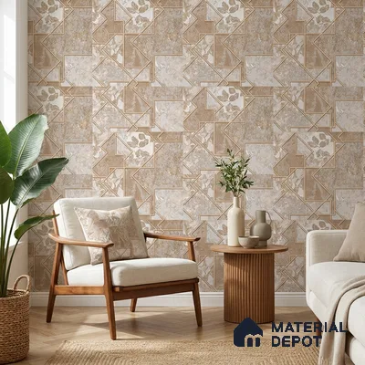 AA100405 | Beige & Gold Fragmented Marble Leaf Panel PVC Patterned Wallpaper - 9.5 Meter x 21 Inch, 55 Sq. Ft. (Min. 15% Wastage)