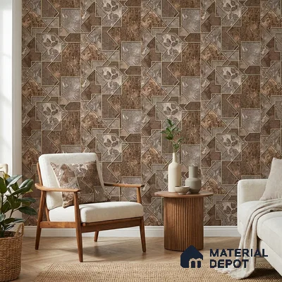 AA100406 | Chestnut Brown Fragmented Marble Leaf Panel PVC Patterned Wallpaper - 9.5 Meter x 21 Inch, 55 Sq. Ft. (Min. 15% Wastage)