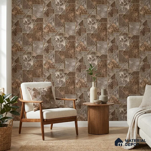 AA100406 | Chestnut Brown Fragmented Marble Leaf Panel PVC Patterned Wallpaper - 9.5 Meter x 21 Inch, 55 Sq. Ft. (Min. 15% Wastage)
