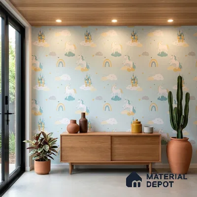5148-1 | Mint Green Castle & Unicorn PVC Patterned Wallpaper - 5 Meter x 42 Inch, 57 Sq. Ft. (Min. 15% Wastage)