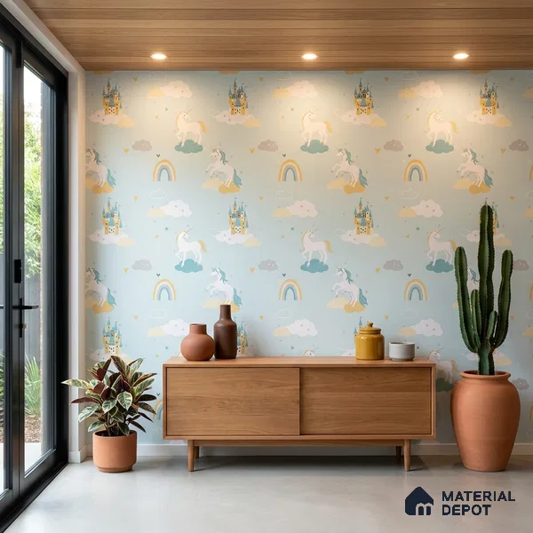 5148-1 | Mint Green Castle & Unicorn PVC Patterned Wallpaper - 5 Meter x 42 Inch, 57 Sq. Ft. (Min. 15% Wastage)