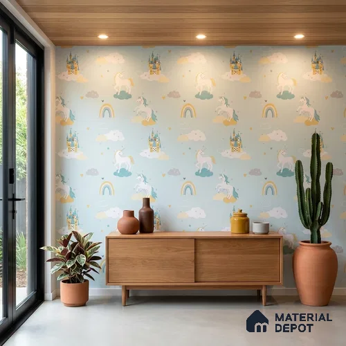 5148-1 | Mint Green Castle & Unicorn PVC Patterned Wallpaper - 5 Meter x 42 Inch, 57 Sq. Ft. (Min. 15% Wastage)