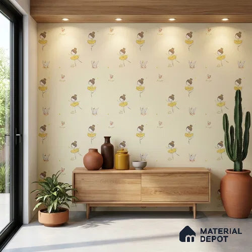 5145-1 | Pale Yellow Ballerina Swan PVC Patterned Wallpaper - 5 Meter x 42 Inch, 57 Sq. Ft. (Min. 15% Wastage)
